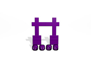 3D representation of GOAL with icon on the wall and text arranged by metallic cubic letters on a mirror floor for concept meaning and slideshow presentation. illustration and business