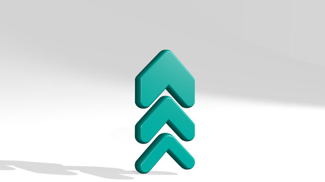 arrow double up made by 3D illustration of a shiny metallic sculpture with the shadow on light background. icon and design