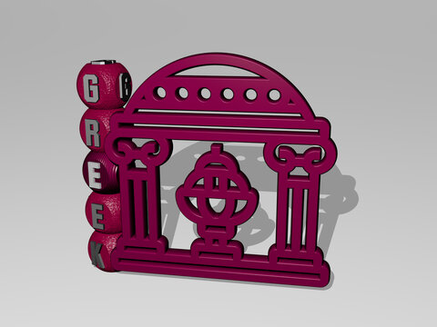 3D illustration of GREEK graphics and text around the icon made by metallic dice letters for the related meanings of the concept and presentations. greece and ancient