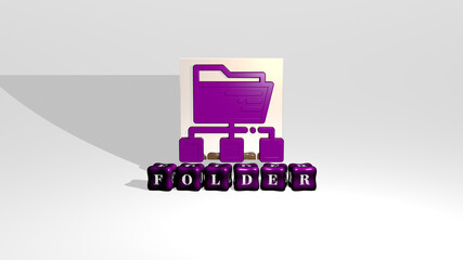 3D representation of folder with icon on the wall and text arranged by metallic cubic letters on a mirror floor for concept meaning and slideshow presentation. illustration and business