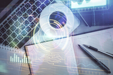 Multi exposure of data theme drawing hologram over topview work desk background with computer. Concept of technology.