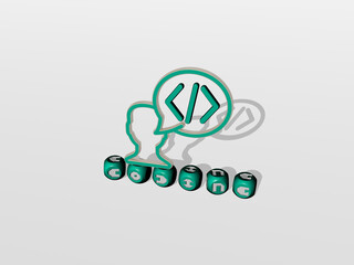 3D representation of coding with icon on the wall and text arranged by metallic cubic letters on a mirror floor for concept meaning and slideshow presentation. illustration and code