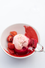 Modern Strawberry Dessert. Red Velvet Sponge, Strawberry Whipped Cream, Fresh Berries
