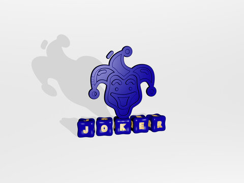 3D illustration of JOKER graphics and text made by metallic dice letters for the related meanings of the concept and presentations. clown and cartoon