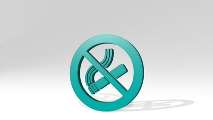 smoking prohibited on the wall. 3D illustration of metallic sculpture over a white background with mild texture. cigarette and concept