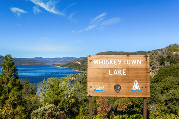 Recreational area, Whiskeytown lake in California  with sign
