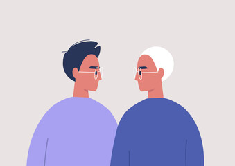 Young characters looking at each other, relationships and feelings, a homosexual couple