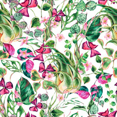 Watercolor floral tropical leaves seamless pattern.