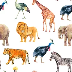 Fotobehang Afrikaanse dieren Aquarel jungle, safari dieren zomer naadloos patroon