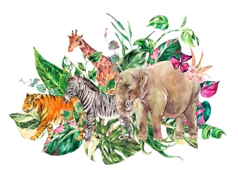  Tropical watercolor giraffe, elephant. Greenery zebra and tiger illustration © depiano