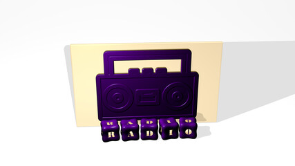 3D representation of radio with icon on the wall and text arranged by metallic cubic letters on a mirror floor for concept meaning and slideshow presentation. illustration and background