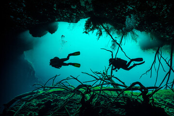 Cavern Scuba Divers at a Cenote in Mexico