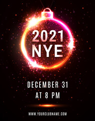 2021 NYE party New Year Eve neon poster template. Christmas tree ball circle frame text particles sparkles on red background. Light celebrating decoration invitation design. Bright vector illustration