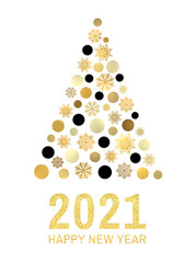 Happy new year 2021 text. Gold glitter greeting card design. Abstract Christmas tree with golden black circles snowflakes on white background. Holiday decoration for flyer, poster, sign, banner vector