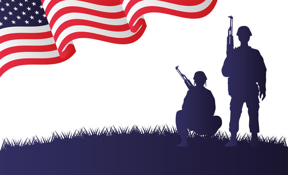 soldiers figures silhouettes in usa flag background