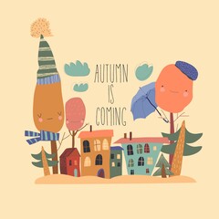 Cute little town with autumnal trees in cartoon style