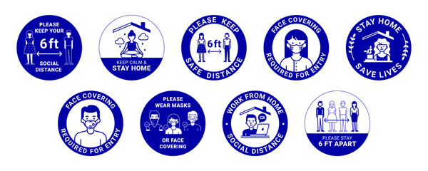 Naklejka premium COVID-19 labels. Modern signs about protection, social distancing, wearing face covering, washing hands, using sanitizer, keeping surfaces clean, working from home and stop coronavirus