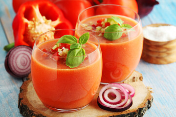 Cold Spanish soup Gazpacho served in glasses