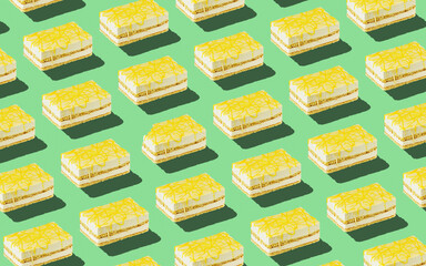 Trendy seamless food pattern - layered sponge cakes on a pastel background, minimal food isometric concept texture.