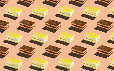 Trendy seamless food pattern - layered sponge cakes on a pastel background, minimal food isometric concept texture.