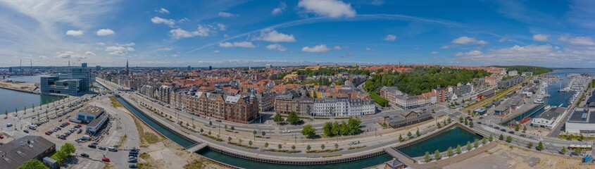 Fototapeta na wymiar Panorama aerial view of Marselisborg yacht harbour and city of Aarhus, Denmark