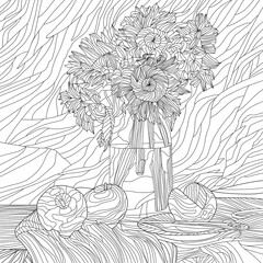 Still life bouquet of flowers in vade on the table. Pencil drawing vector illustration. Coloring page