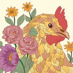 Vector chiken illustration with flowers.