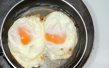 Fried egg on a pan.