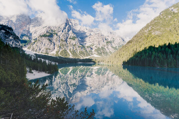 Picturesque view on beautiful mountain lake Lago di braies in the Dolomites,Italy