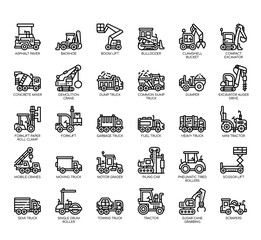 Set of construction vehicle thin line and pixel perfect icons for any web and app project.
