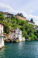 Naklejka premium Lake Como view of the bridge Ponte della Civera and Nesso gorge and the waterfall. Nesso Italy