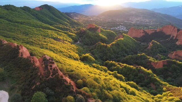 Las Medulas. Roman gold mine in Leon,Spain  Aerial Drone Footage. UNESCO World  Heritage Site