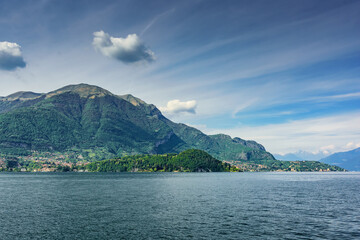 Lake Como view of the surrounding mountains and coastal cities. Italy