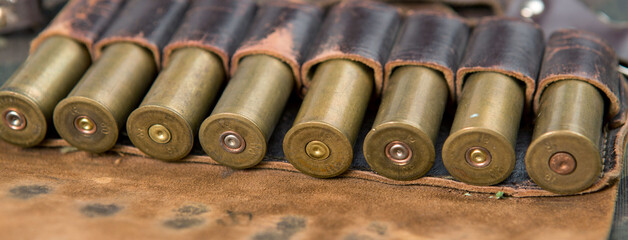 Hunting rifle with ammunition against a camouflage background