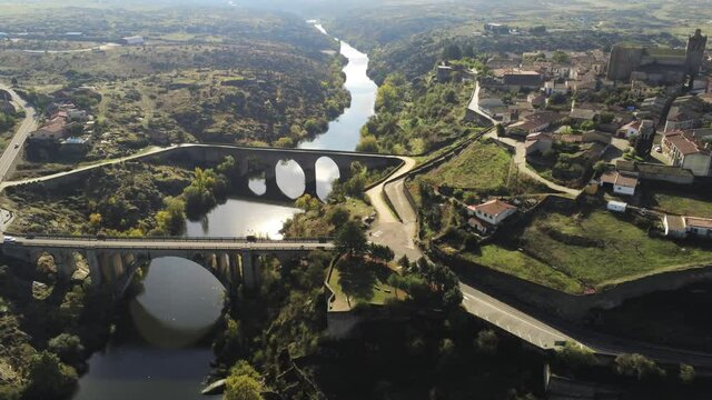 Bridge in Ledesma. Beautiful village of Salamanca,Spain. Aerial Drone Footage