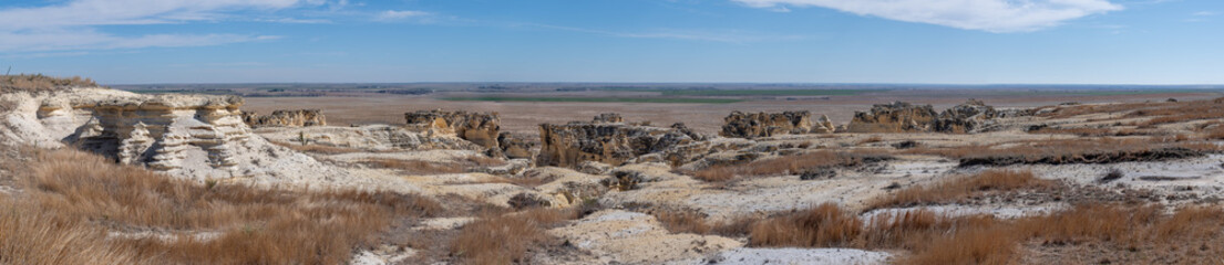Large format high resolution panoramic view of the flatlands of Kansas seen from the plateau just South of the Castle Rock Monument in the West-central plains of the State.