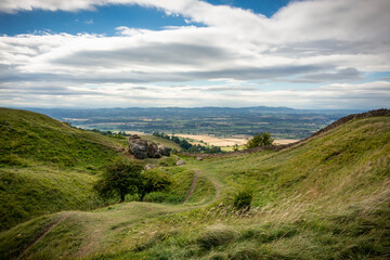 View of the Malvern Hills and Evesham plain from Bredon Hill, Worcestershire England UK