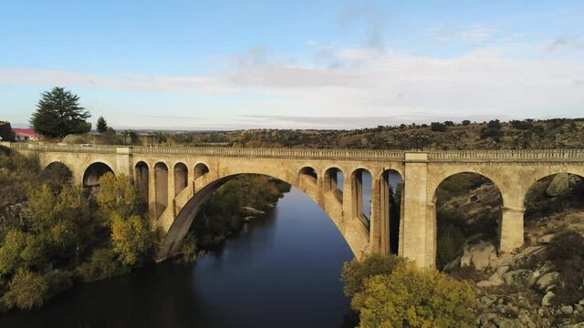 Bridge in Ledesma. Beautiful village of Salamanca,Spain. Aerial Drone Footage