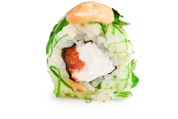 Sushi roll with seaweed, avocado, cucumber, cream cheese isolated on white background. Japanese food
