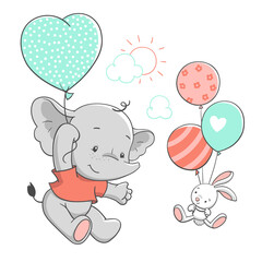 Schattige babyolifant en konijntje drijvend met ballonnen, vectorillustratie.