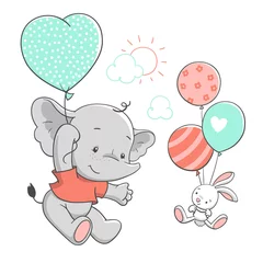 Keuken foto achterwand Schattige dieren Schattige babyolifant en konijntje drijvend met ballonnen, vectorillustratie.