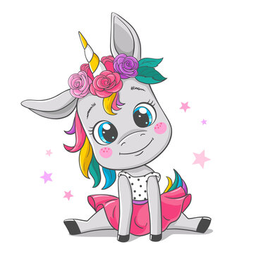 Cute cartoon baby unicorn in a pink dress, with a wreath of flowers on its head, vector illustration.