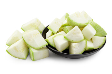 slices of zucchiniin a black plate isolated on white background