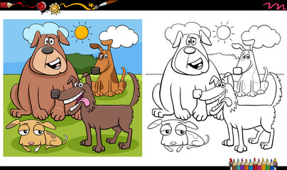 funny dog characters group coloring book page