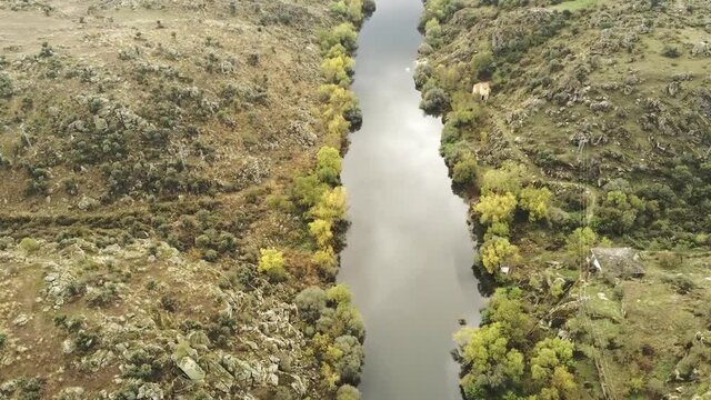 Beautiful river in Ledesma, village of Salamanca.Spain. Aerial Drone Footage
