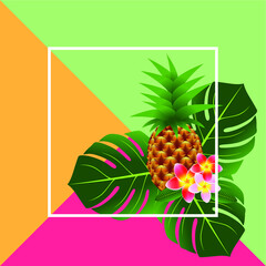 Tropical flowers and pineapple, summer banner.