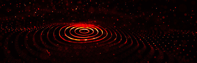 Fototapeta na wymiar Wave of particles. Abstract current wave surface of ring circumferential lines. Abstract fire background with a dynamic wave. Big data visualization. 3d rendering.