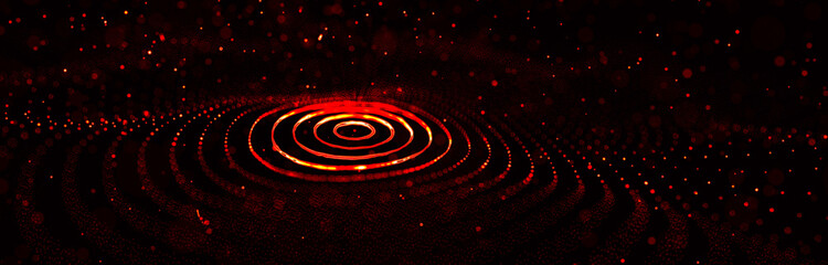 Wave of particles. Abstract current wave surface of ring circumferential lines. Abstract fire background with a dynamic wave. Big data visualization. 3d rendering.