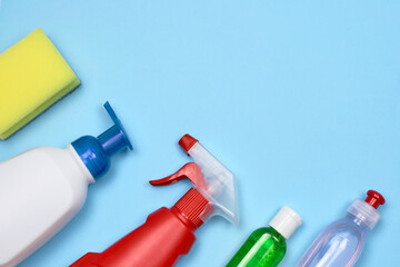 Personal hygiene and cleaning products on the blue background