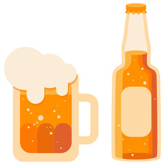 Mug and beer bottle on white isolated backdrop. Brewery for invitation or gift card, notebook, craft beer shop logo, scrapbook. Phone case or cloth print art. Flat style stock vector illustration